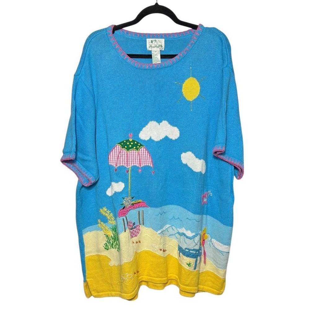 Quacker Factory Beach Scape Short‎ Sleeve Pullover Sweater Size 3X Embroidered